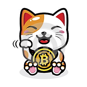 Cute lucky cat animal cartoon character holding bitcoin coin