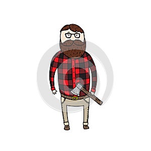 Cute lumbersexual man with an axe and glasses