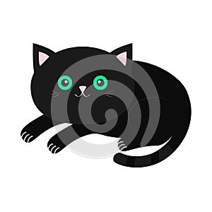 Cute lying black cartoon cat with moustache whisker. Funny character. White background. Isolated. Flat design.