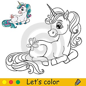 Cute lying cartoon unicorn coloring vector illustration