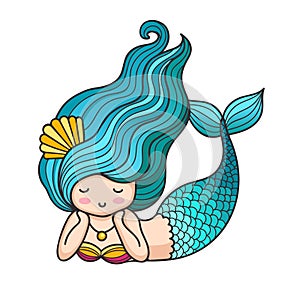 Cute lying dreamy mermaid with curly blue hair.