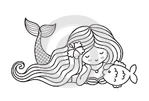 Cute lying dreamy mermaid with long wavy hair, and fish. Cartoon characters.