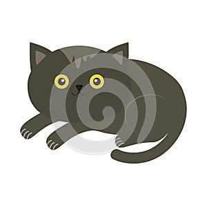 Cute lying gray cartoon cat with moustache whisker and yellow eyes.