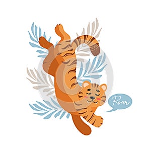 Cute lying tiger growls roar childrens vector illustration in cartoon style. For nursery, posters, stickers, postcards, prints on