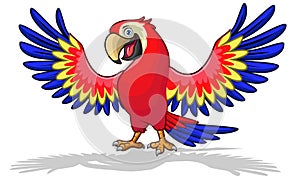 A cute of macaw or parrot cartoon bird  flapping its wings while smiling.