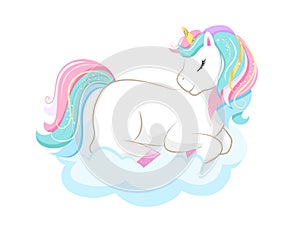 Cute magic cartoon unicorn on cloud. Illustration for children