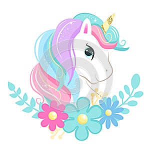 Cute magic cartoon unicorn head with flowers. Illustration for children