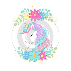 Cute magic cartoon unicorn head with frame of flowers. Illustration for children