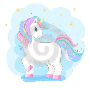 Cute magic cartoon unicorn. Illustration for children