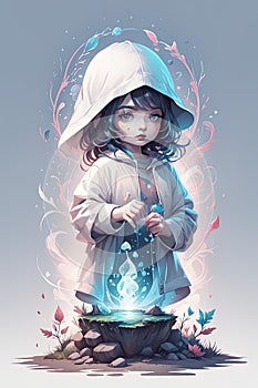 cute magic girl with a hat and a magic ball in a forestcute magic girl with a hat and a magic ball in a forestillustration with a photo