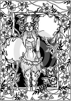 Cute magic nymph with sad look and pointed ears, with petals and horn on a head, stand in loincloth with thorns on legs nearby