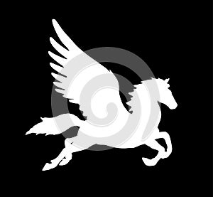 Cute magic Pegasus vector silhouette illustration isolated on black background.