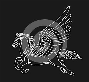Cute magic Pegasus vector silhouette illustration isolated on black background.