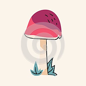 Cute magic pink mushroom on a beige background. Fungi Hand drawn halloween vector illustration