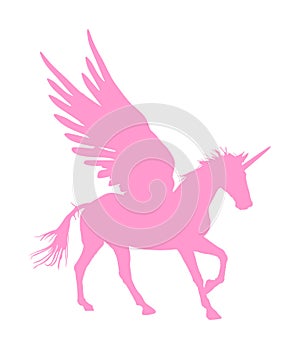 Cute magic pink Unicorn Pegasus vector silhouette isolated on white background. Pegasus silhouette, majestic mythical Greek winged