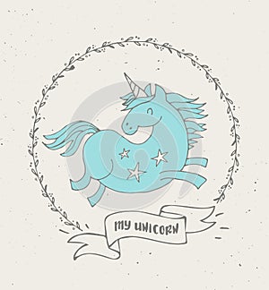 Cute magic unicon and rainbow poster, card