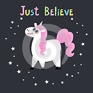 Cute magic unicorn character isolated on black