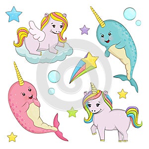 Cute magic unicorn fairy tale illustration set