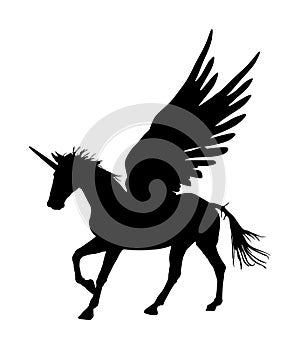 Cute magic Unicorn Pegasus silhouette. Mythology flying Horse from dream. Symbol of freedom.