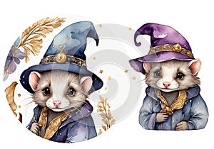 Cute magical ferrets watercolor art