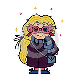 Cute magical girl. Simple vector icon. Loony blonde. A little witch in a blue and gray scarf, funny pink glasses photo