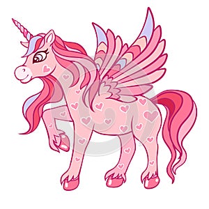 Cute magical pink unicorn with wings. Illustration for children