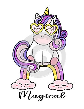 Cute magical purple baby Unicorn with glasses sitting on rainbow, cartoon doodle vector illustration, nursery syle