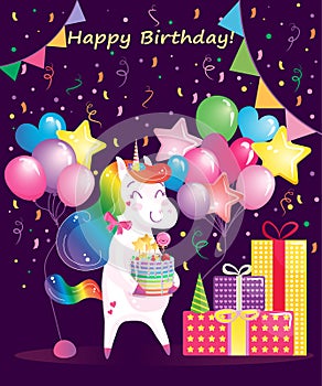 Cute magical rainbow unicorn with birthday cake, gifts and balloons. Happy birthday card for kids. Vector image