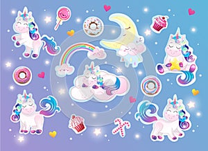 Cute magical rainbow unicorn with sweets and clouds vector set. Isolated cartoon sticker pack