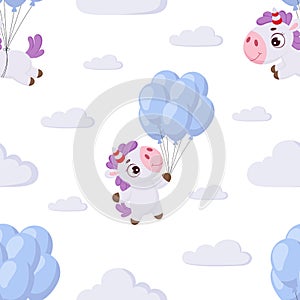 Cute magical unicorn flying on blue balloons seamless childish pattern. Funny magic unicorn cartoon character for fabric