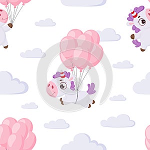 Cute magical unicorn flying on pink balloons seamless childish pattern. Funny magic unicorn cartoon character for fabric