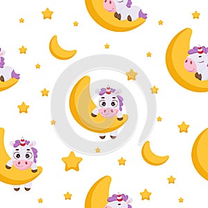 Cute magical unicorn on moon seamless childish pattern. Funny magic unicorn cartoon character for fabric, wrapping