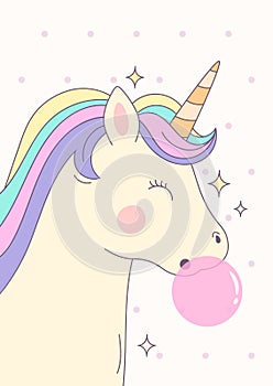Cute magical unicorn with pink bubble gum. Vector.