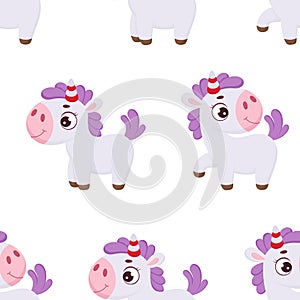 Cute magical unicorn seamless childish pattern. Funny magic unicorn cartoon character for fabric, wrapping, textile