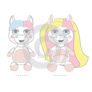 Cute magical unicorn soft, plush toys with rainbow hairs. Vector illustration