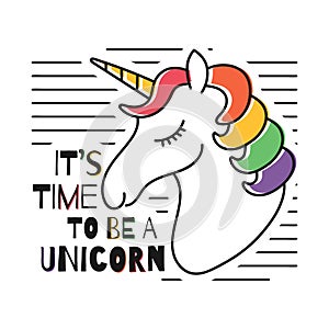 Cute magical unicorn for t-shirt print. Childish t-shirt design with rainbow colors