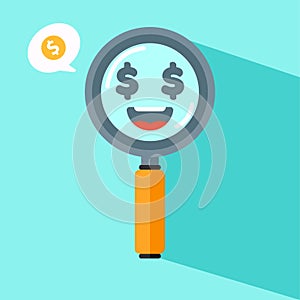 Cute Magnifying Glass Vector Icon Illustration. Searching Items with Smile Face In Magnifying Glass White Isolated. Flat Cartoon