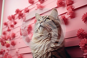 a cute maine coon cat on a pink gradient background with flowers photo