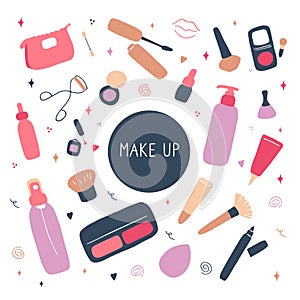 Cute make up and skin care icons. Products and accessoires for beauty. Simple womans signs set. Visage elements. Hand