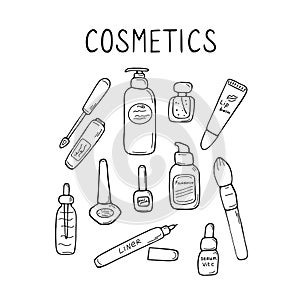 Cute make up and skin care icons. Products and accessoires for beauty. Simple womans signs set. Visage elements. Hand drawn vector