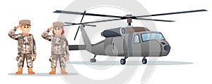 Cute male and female army soldier characters with military helicopter