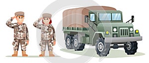 Cute male and female army soldier characters with military truck