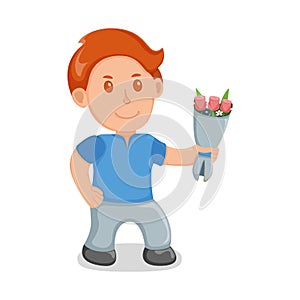 Cute male hold gift bouquet flower, concept young man with present, cartoon vector illustration, isolated on white, amorous day