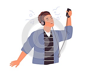 Cute male teenager in headphones listening to music using smartphone or mp3 player vector flat illustration. Happy