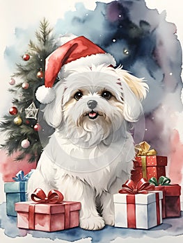 Cute Maltese dog in red Santa hat with surrounded by presents and a Christmas tree on background