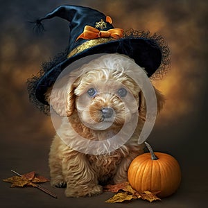 Cute Maltipoo Puppy on Halloween Wearing a Witches Hat - Ai Generative