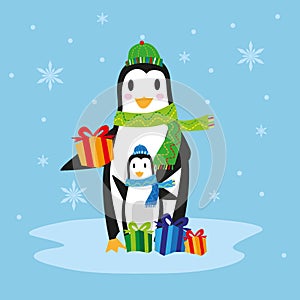 Cute mama penguin with gift and snowflakes background