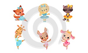 Cute Mammals with Sheep and Lion in Ballerina Dress and Bow on Head Dancing Vector Set