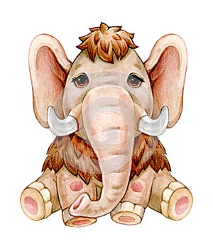 Cute  mammoth  cartoon, isolated on white. Watercolor illustration