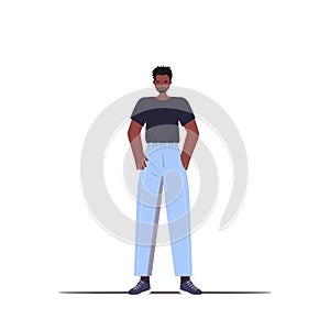 Cute man in casual trendy clothes guy holding hads in pockets male cartoon character standing pose